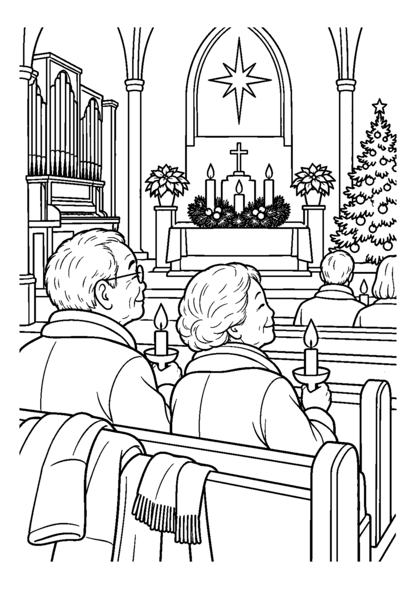教会のクリスマス燭火を大きく描いた高齢者向けの白黒塗り絵