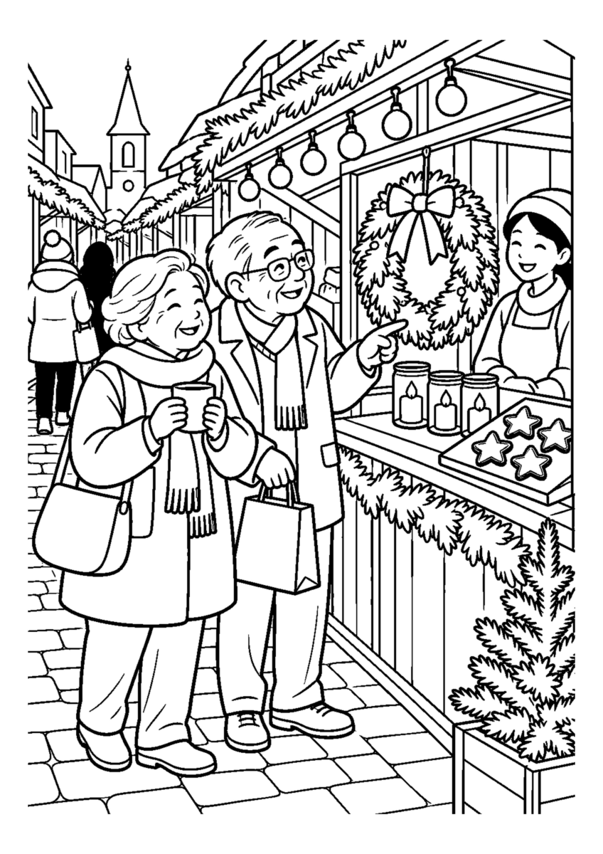 商店街のクリスマスマーケットを大きく描いた高齢者向けの白黒塗り絵