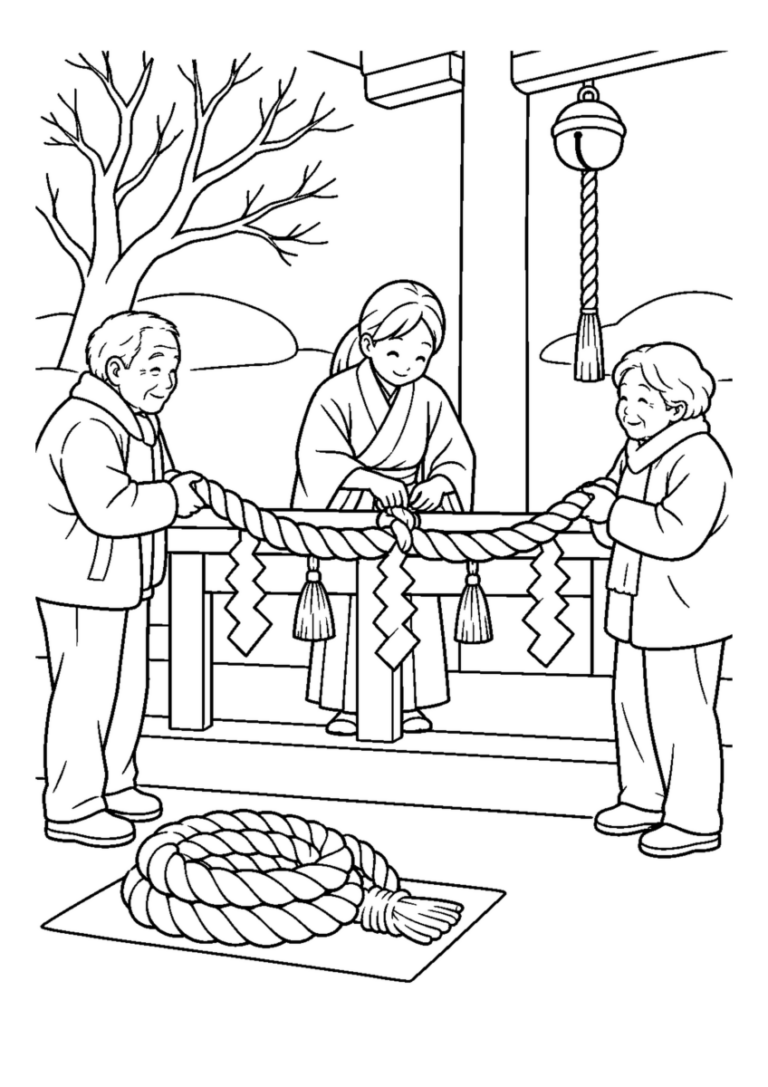 神社のしめ縄を掛け替えるを大きく描いた高齢者向けの白黒塗り絵