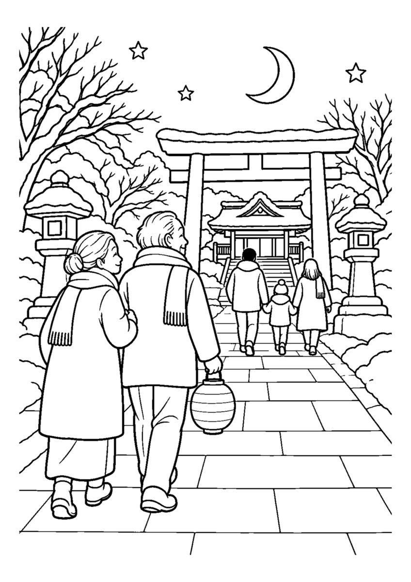 大晦日の夜参りを大きく描いた高齢者向けの白黒塗り絵