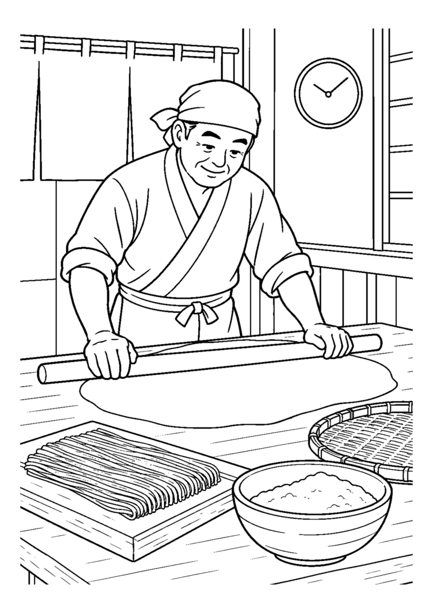 年越しそばを打つ職人を大きく描いた高齢者向けの白黒塗り絵