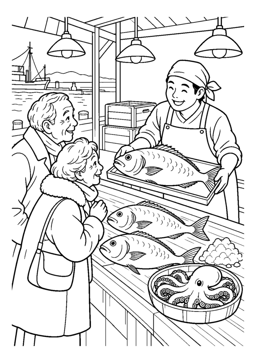 年末の魚市場を大きく描いた高齢者向けの白黒塗り絵