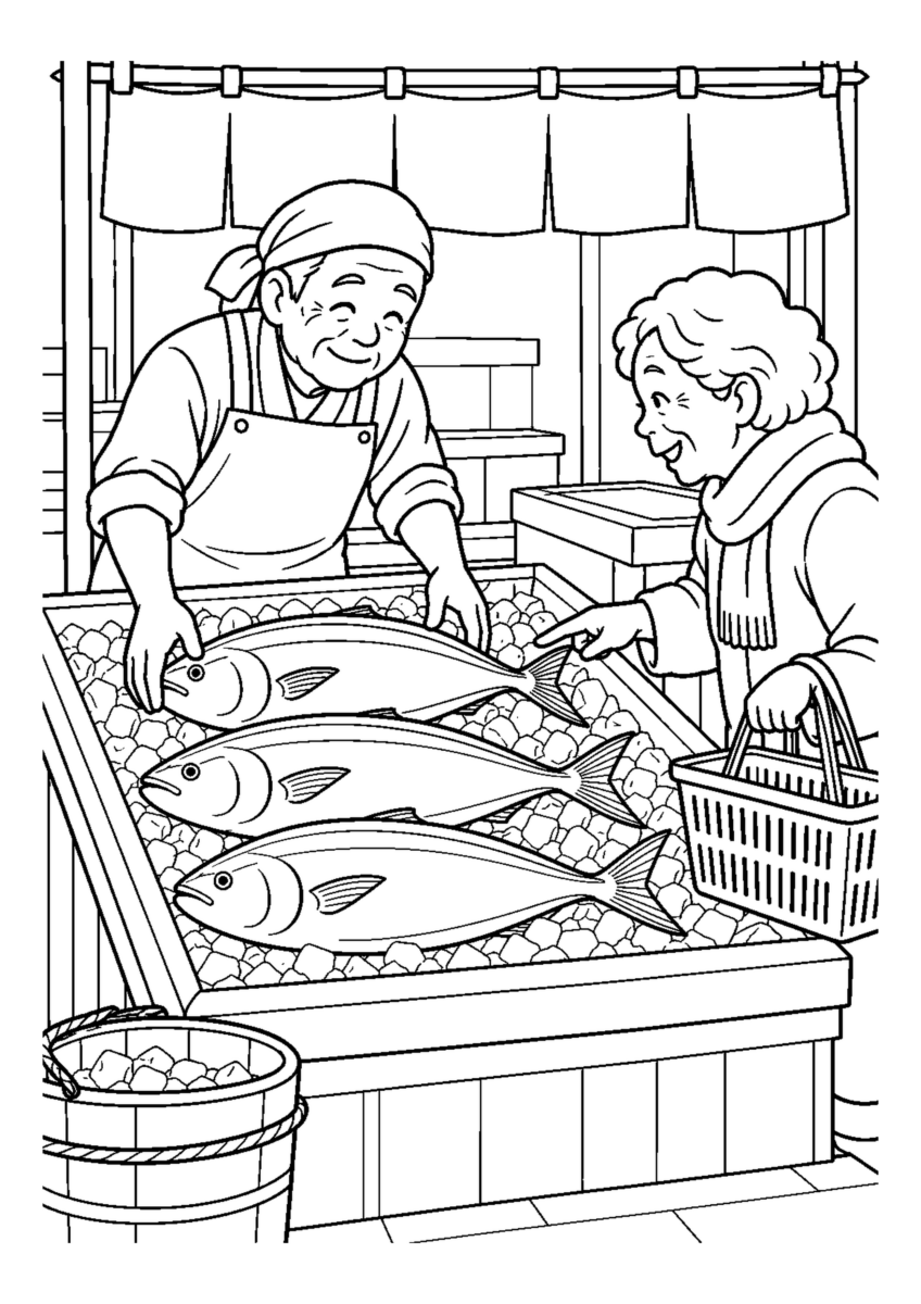 寒ぶりを並べる魚屋を大きく描いた高齢者向けの白黒塗り絵