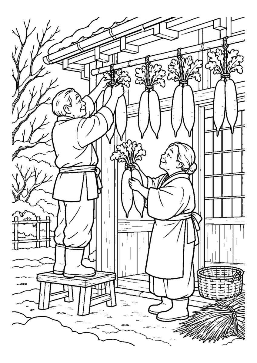 大根を干す農家の軒を大きく描いた高齢者向けの白黒塗り絵