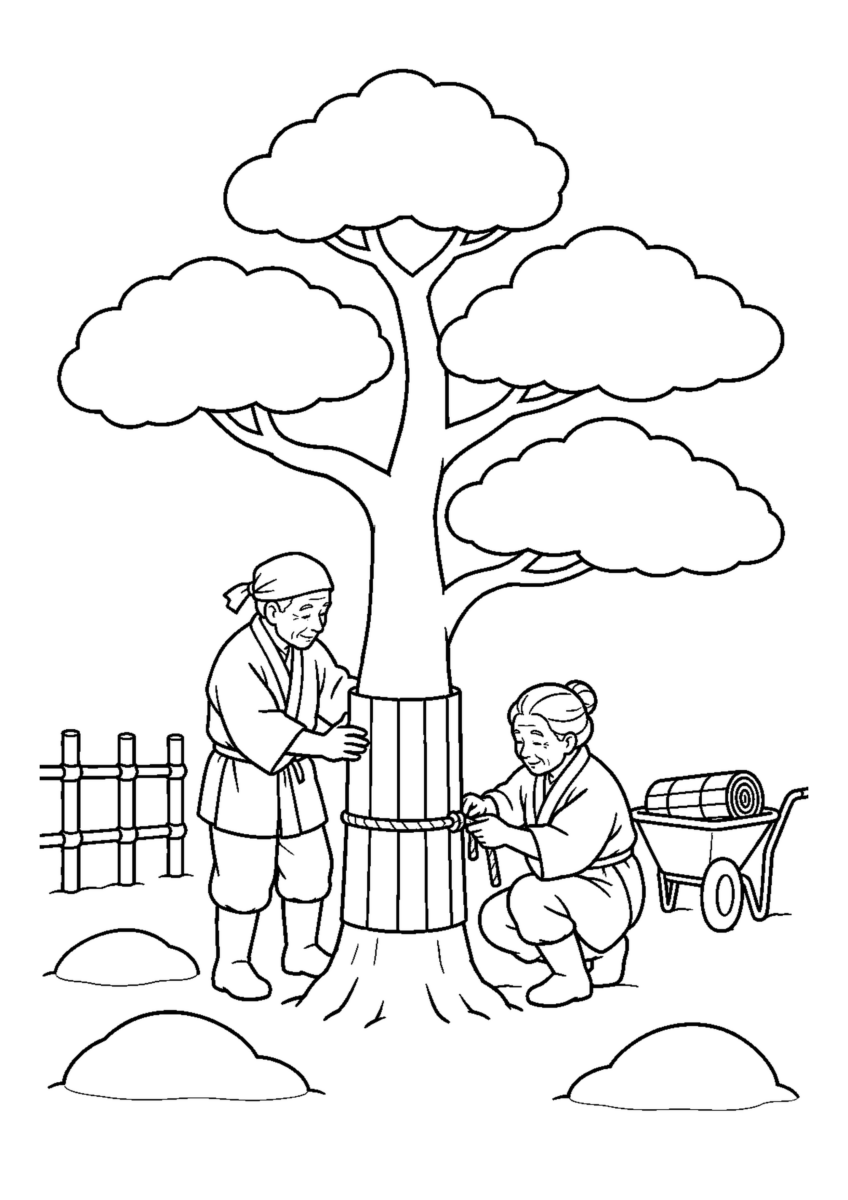 松の幹へこもを巻くを大きく描いた高齢者向けの白黒塗り絵