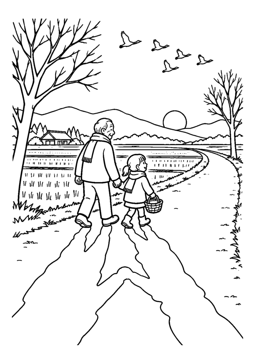 冬至の低い夕日と長い影を大きく描いた高齢者向けの白黒塗り絵