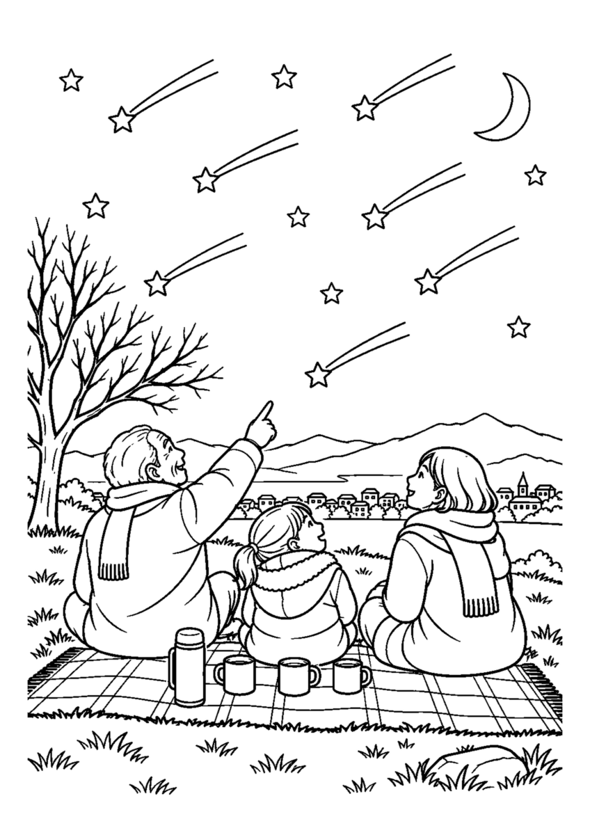 ふたご座流星群を見上げるを大きく描いた高齢者向けの白黒塗り絵