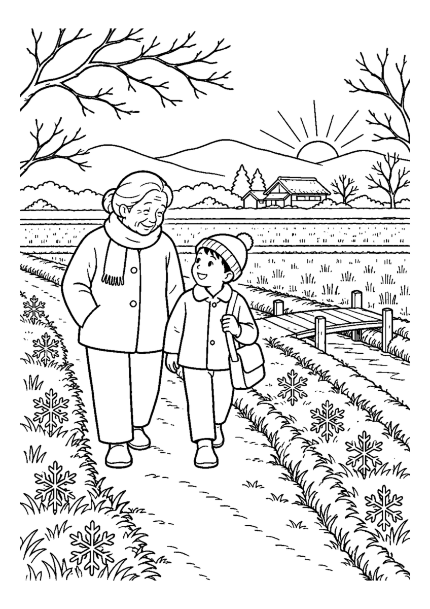 初霜の田んぼ道を大きく描いた高齢者向けの白黒塗り絵