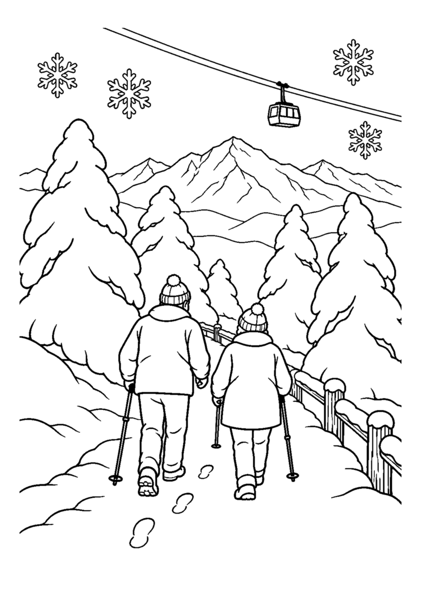 樹氷の山道を大きく描いた高齢者向けの白黒塗り絵
