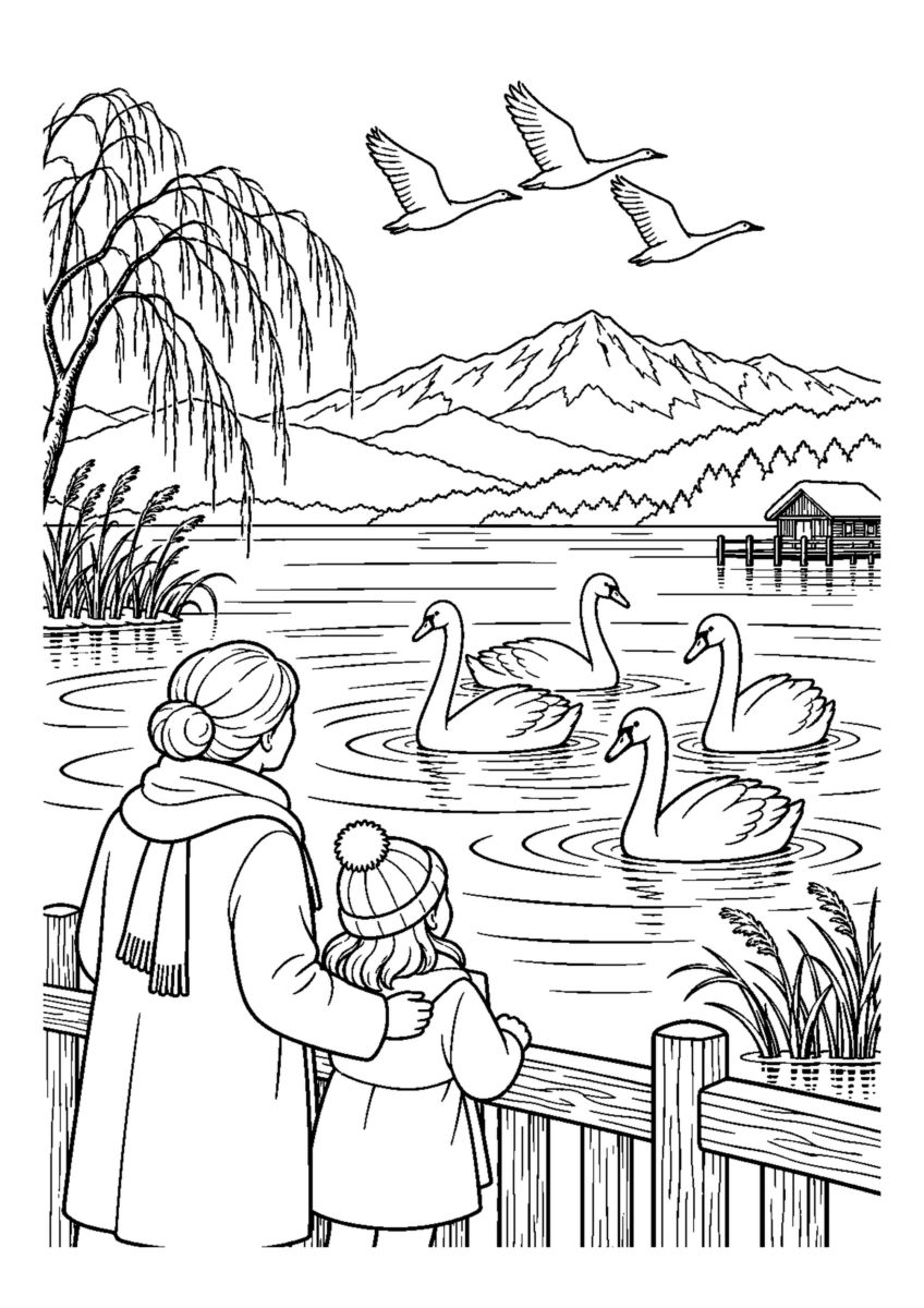 白鳥が飛来する湖を大きく描いた高齢者向けの白黒塗り絵