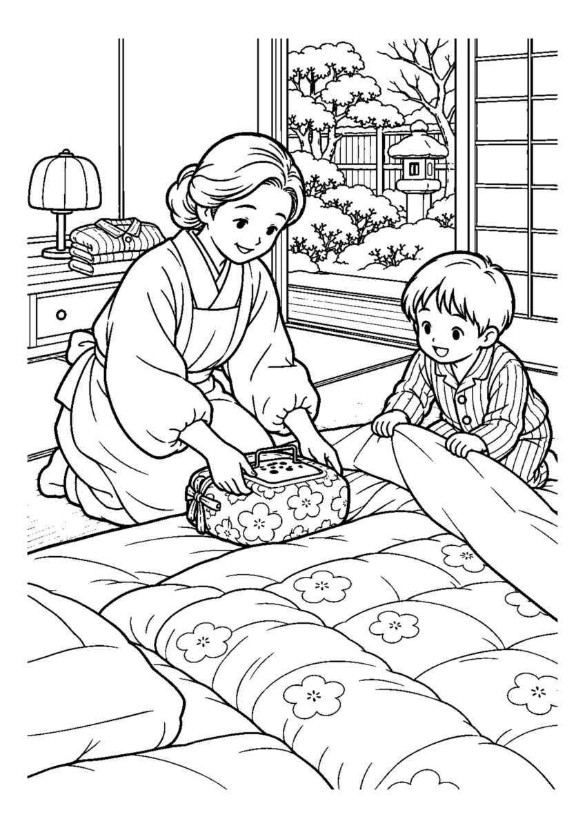 豆炭あんかを布団へ入れるを大きく描いた高齢者向けの白黒塗り絵