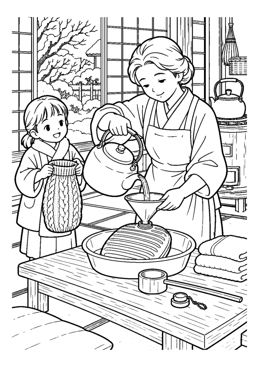 湯たんぽに湯を注ぐ母を大きく描いた高齢者向けの白黒塗り絵