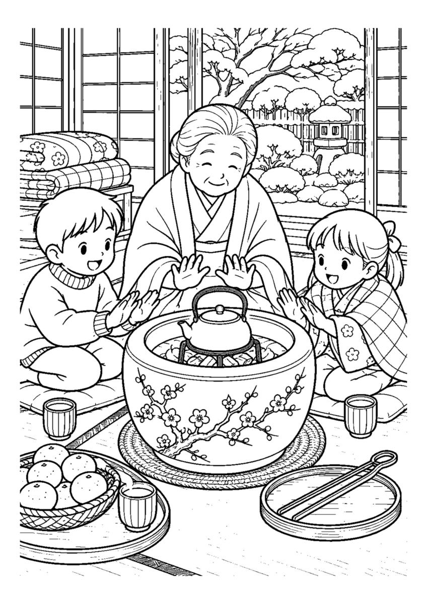 火鉢でかじかむ手を温めるを大きく描いた高齢者向けの白黒塗り絵