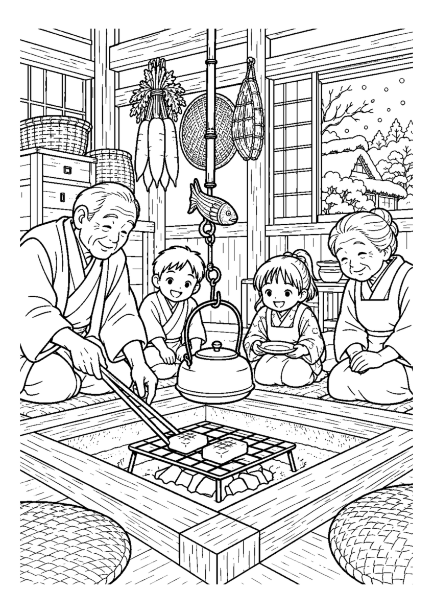 囲炉裏端で餅を焼くを大きく描いた高齢者向けの白黒塗り絵