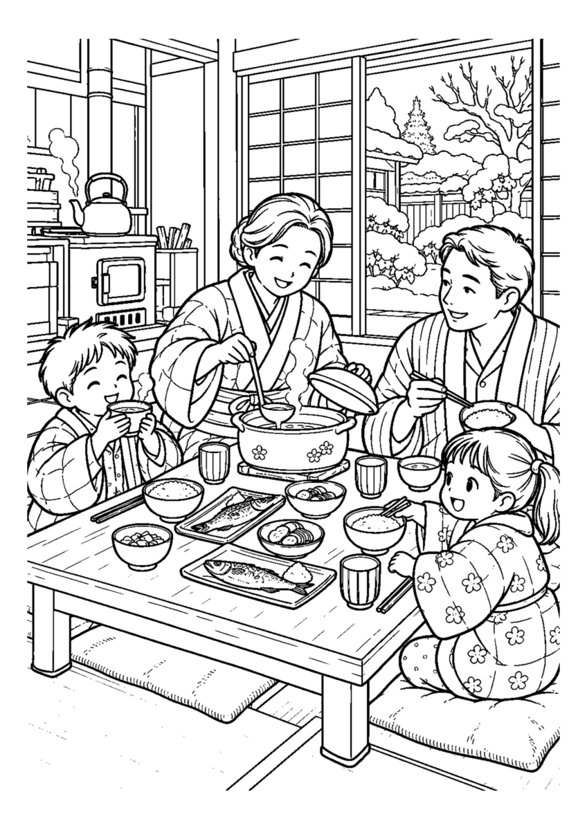 綿入れ半纏で朝ごはんを大きく描いた高齢者向けの白黒塗り絵