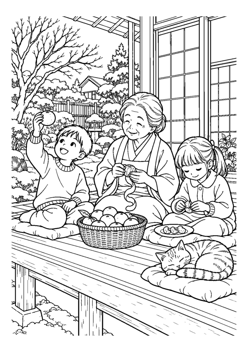 縁側の冬日でみかんを大きく描いた高齢者向けの白黒塗り絵