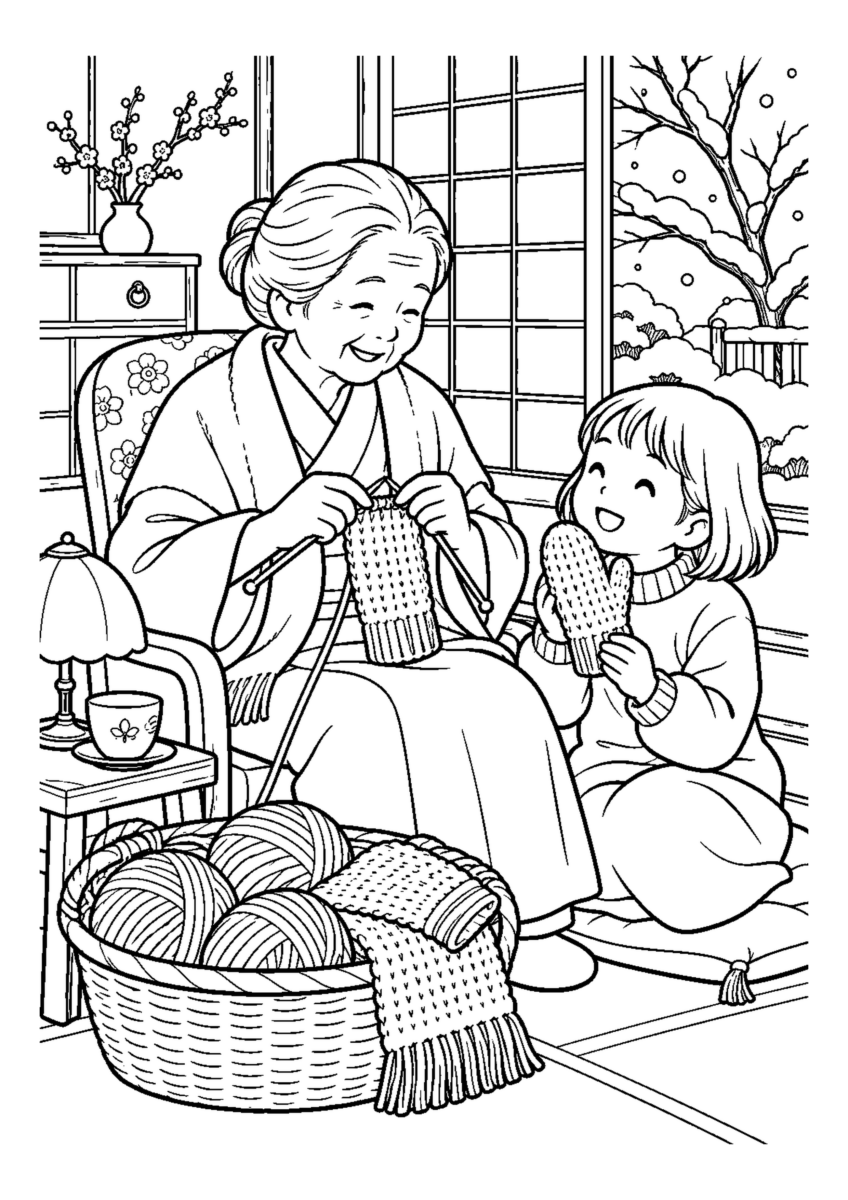 祖母に毛糸の手袋を編んでもらうを大きく描いた高齢者向けの白黒塗り絵