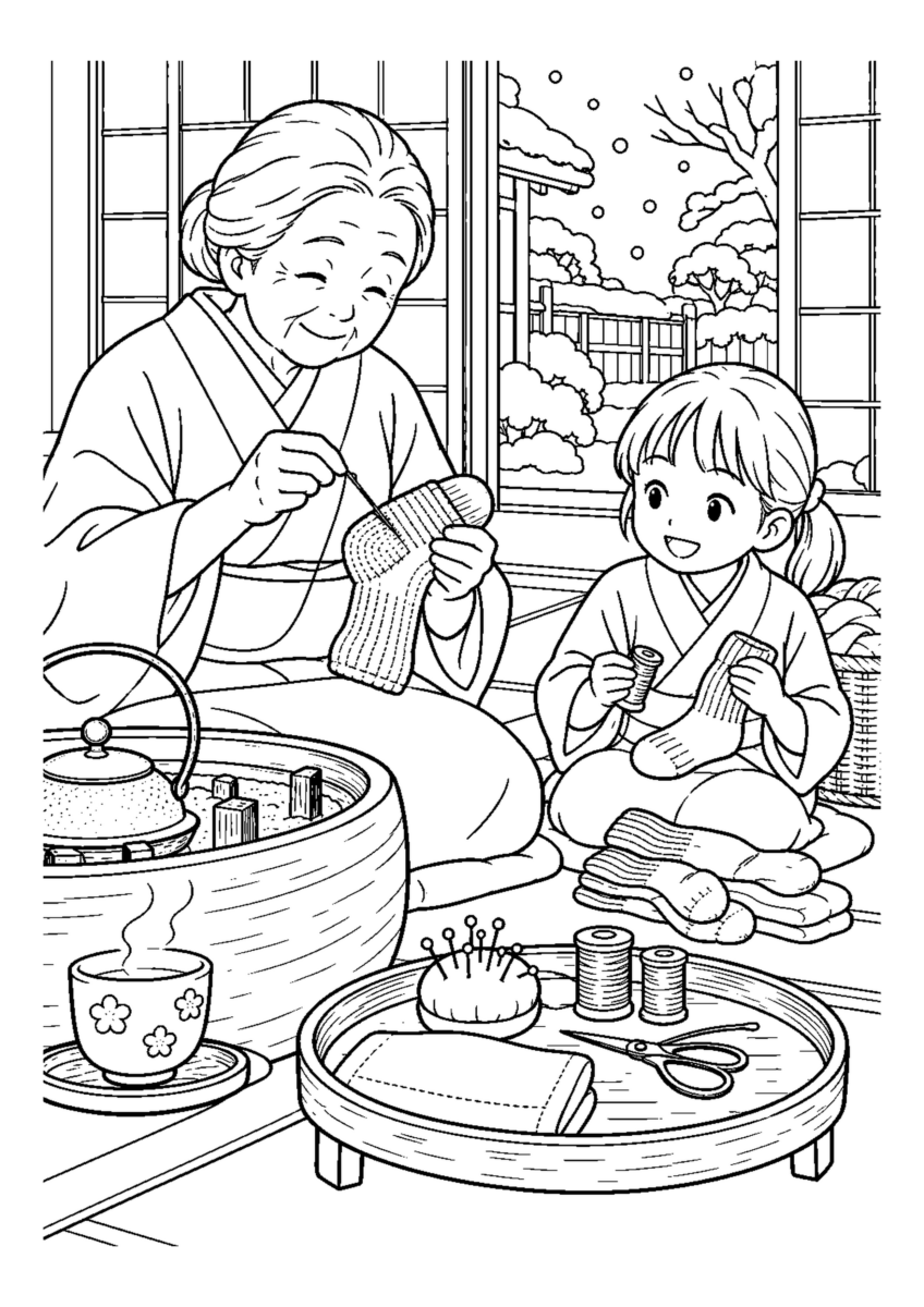 靴下を繕う祖母のそばを大きく描いた高齢者向けの白黒塗り絵