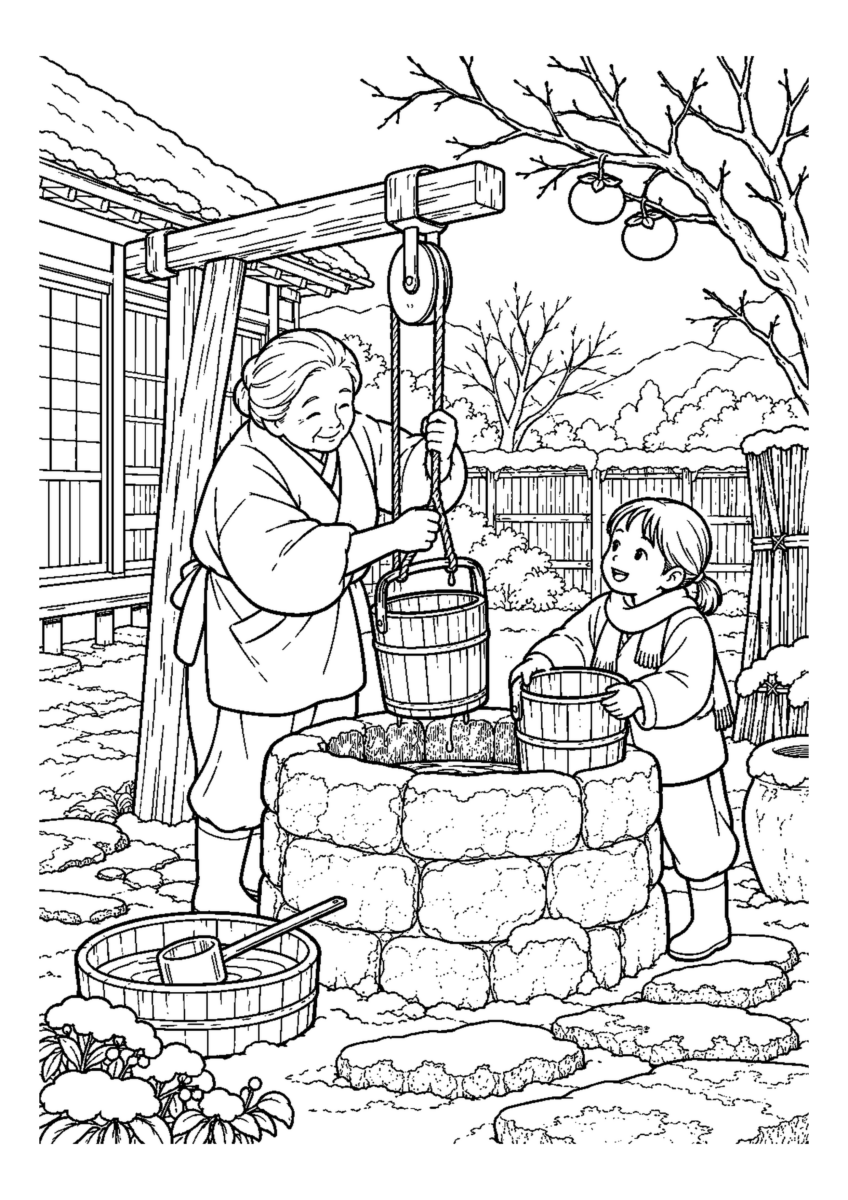 冬の井戸端で水をくむを大きく描いた高齢者向けの白黒塗り絵