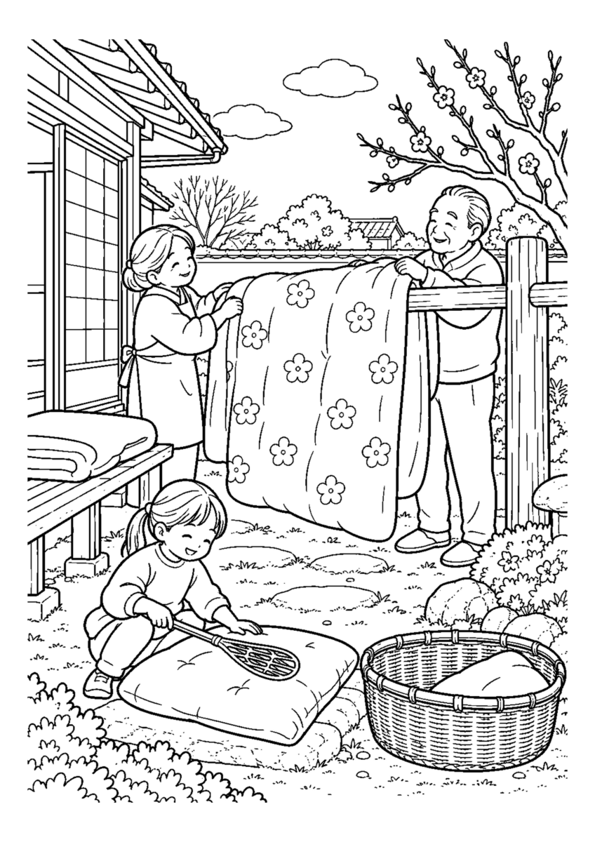 冬日の庭で布団干しを大きく描いた高齢者向けの白黒塗り絵
