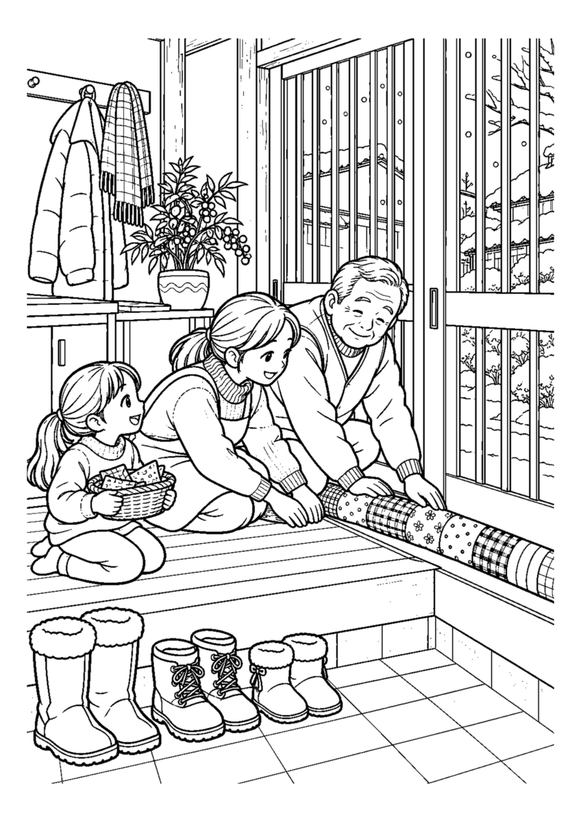 玄関にすきま風よけを置くを大きく描いた高齢者向けの白黒塗り絵