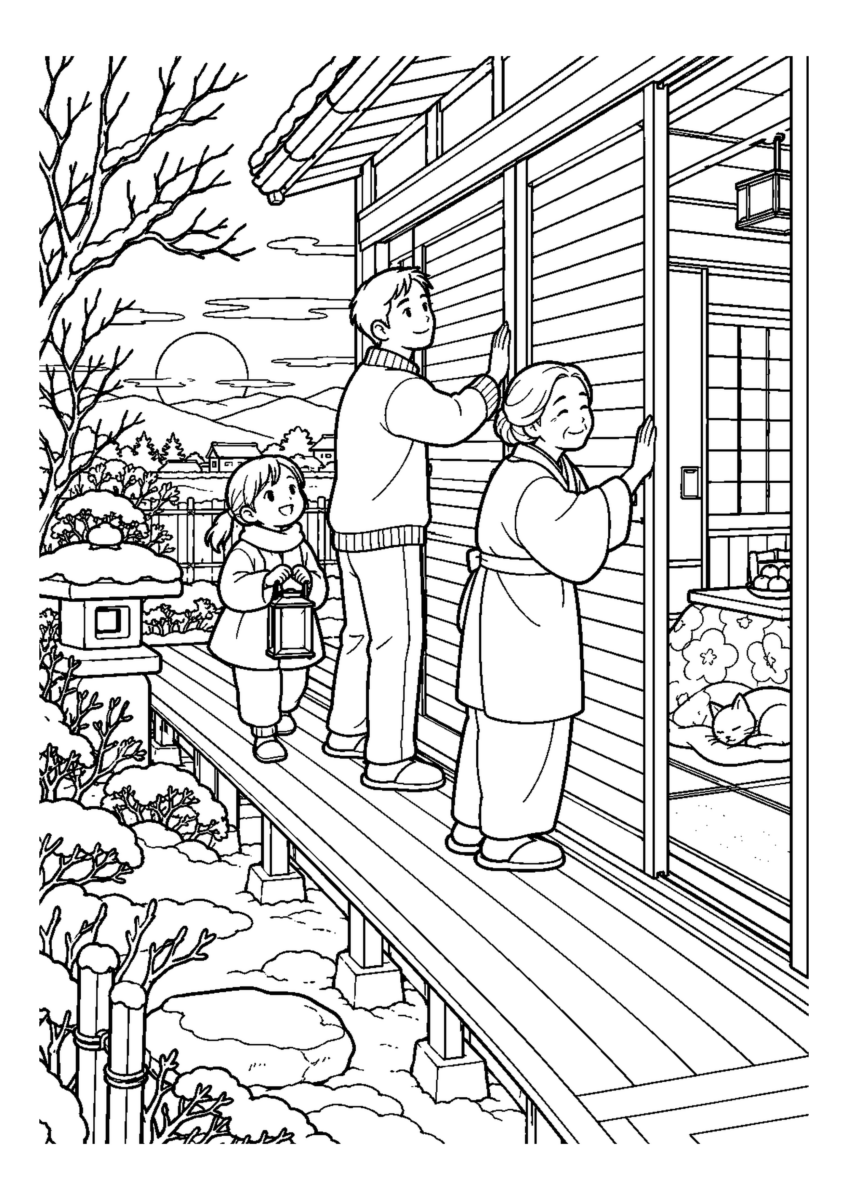 夕暮れに雨戸を閉めるを大きく描いた高齢者向けの白黒塗り絵