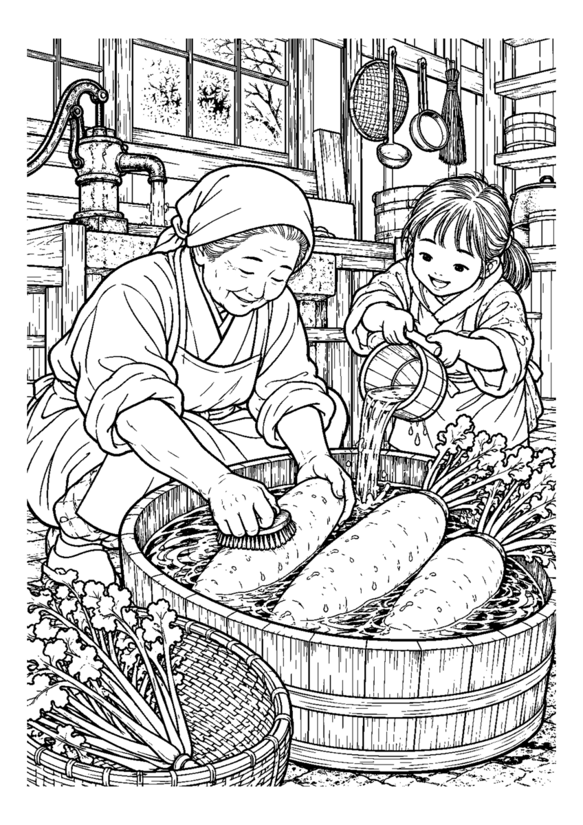 冬の台所で大根を洗うを大きく描いた高齢者向けの白黒塗り絵