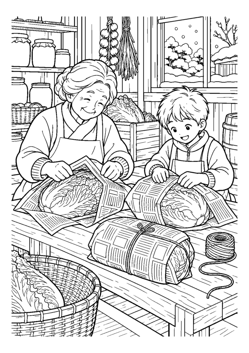 白菜を新聞紙で包むを大きく描いた高齢者向けの白黒塗り絵