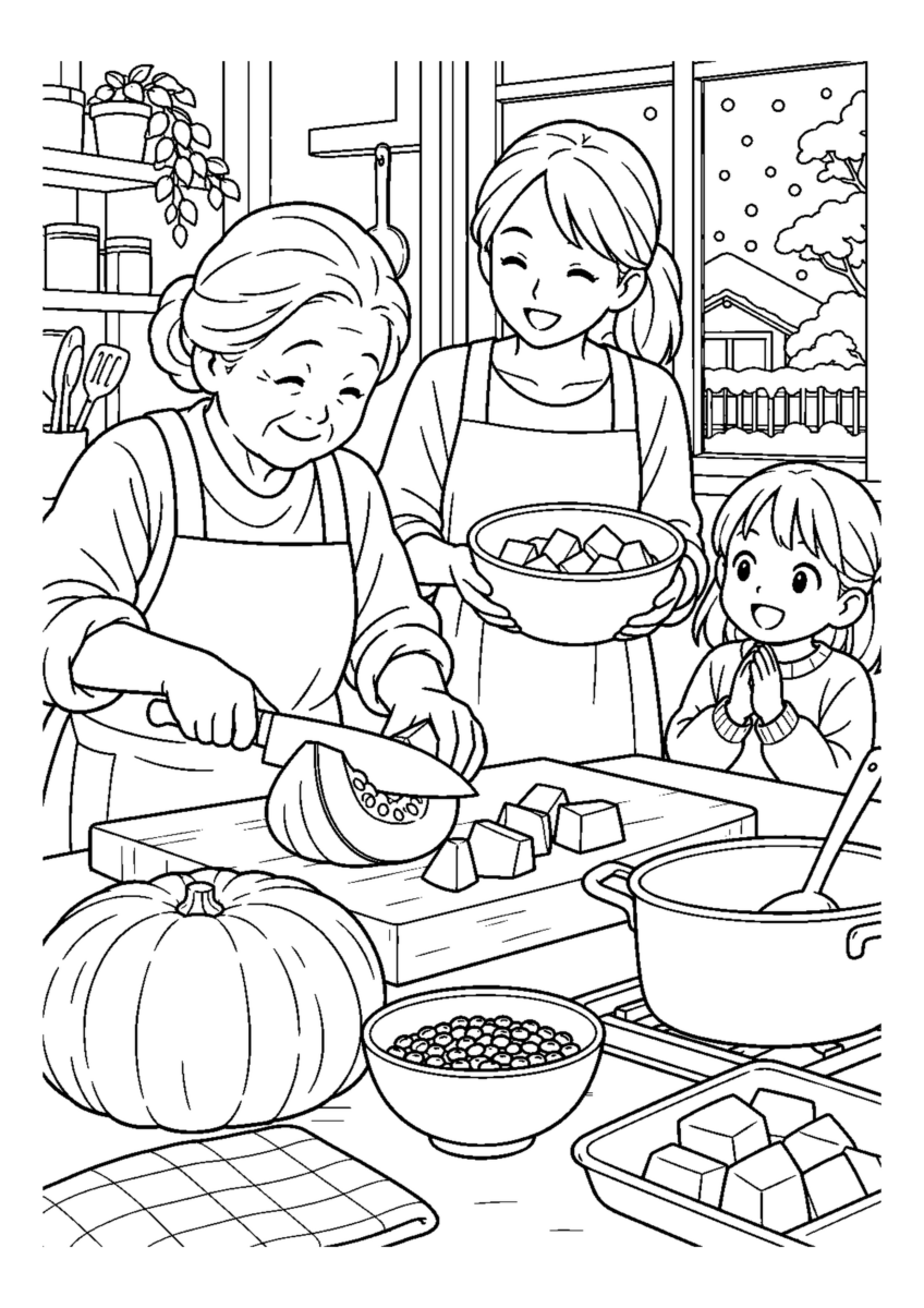 冬至かぼちゃを切る台所を大きく描いた高齢者向けの白黒塗り絵