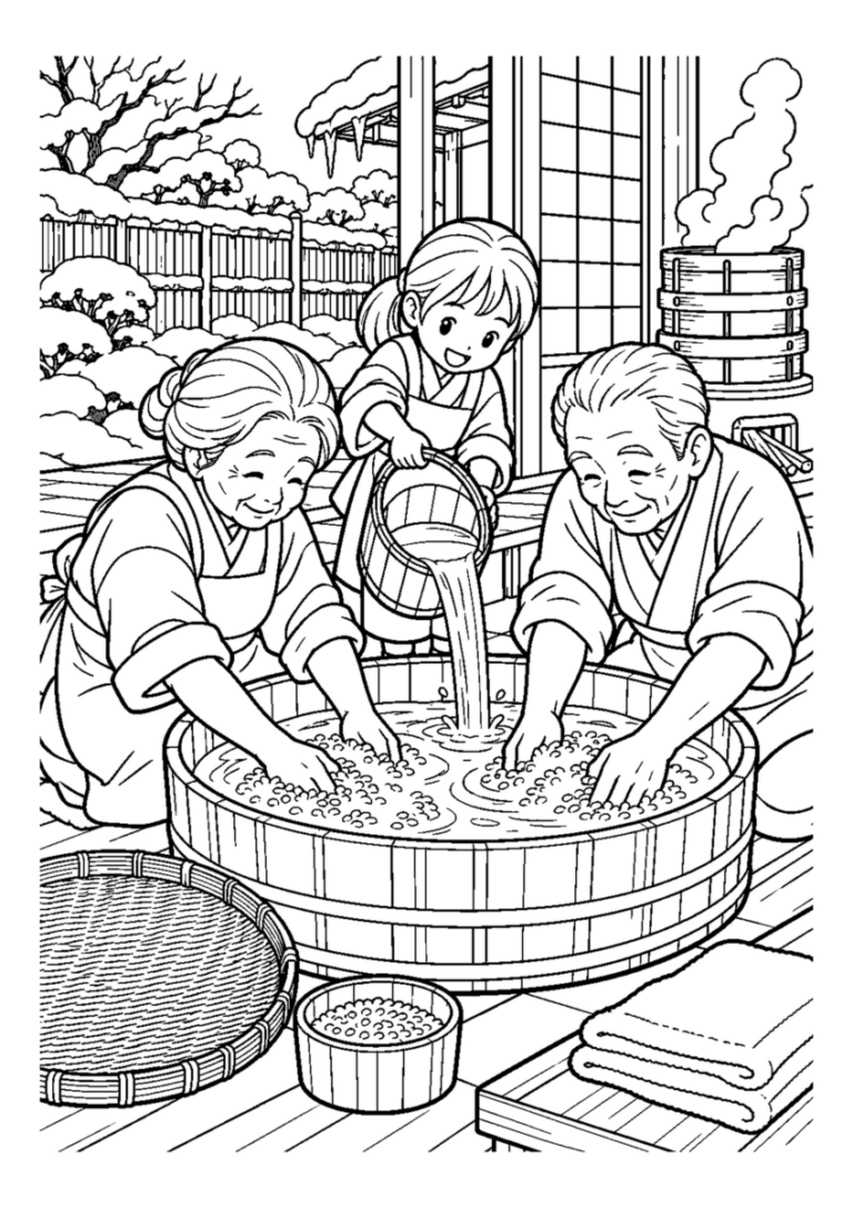 餅米をたらいで洗うを大きく描いた高齢者向けの白黒塗り絵