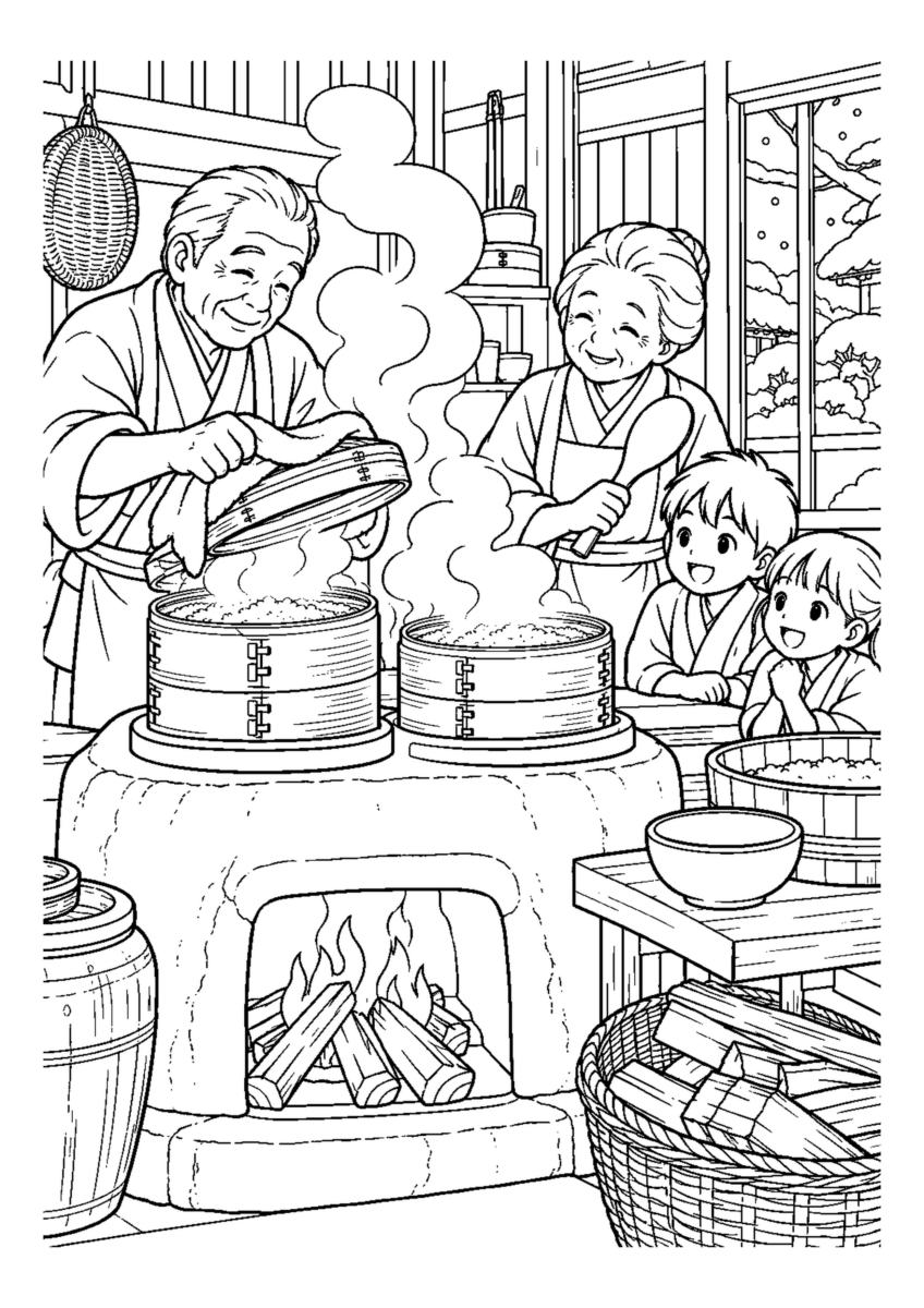 せいろから餅米の湯気を大きく描いた高齢者向けの白黒塗り絵