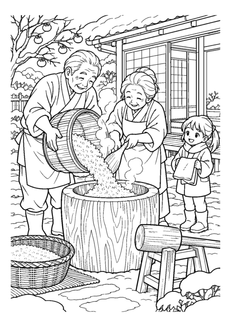 餅つきの臼へ餅米を移すを大きく描いた高齢者向けの白黒塗り絵