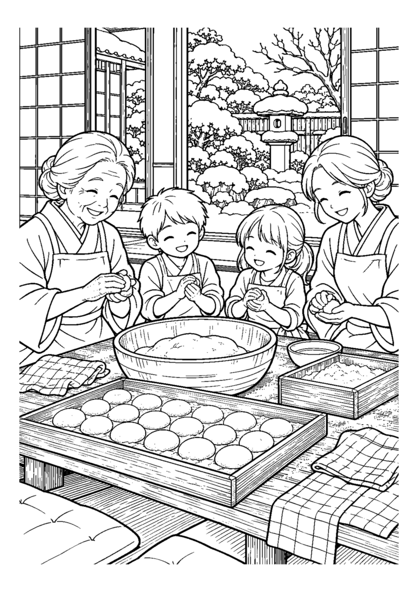 丸餅を家族で丸めるを大きく描いた高齢者向けの白黒塗り絵