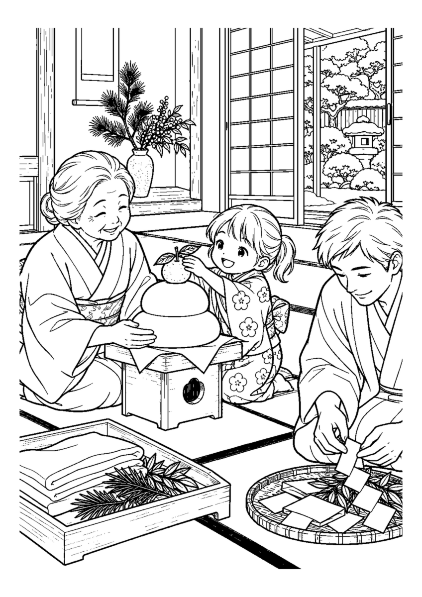 鏡餅に橙をのせるを大きく描いた高齢者向けの白黒塗り絵