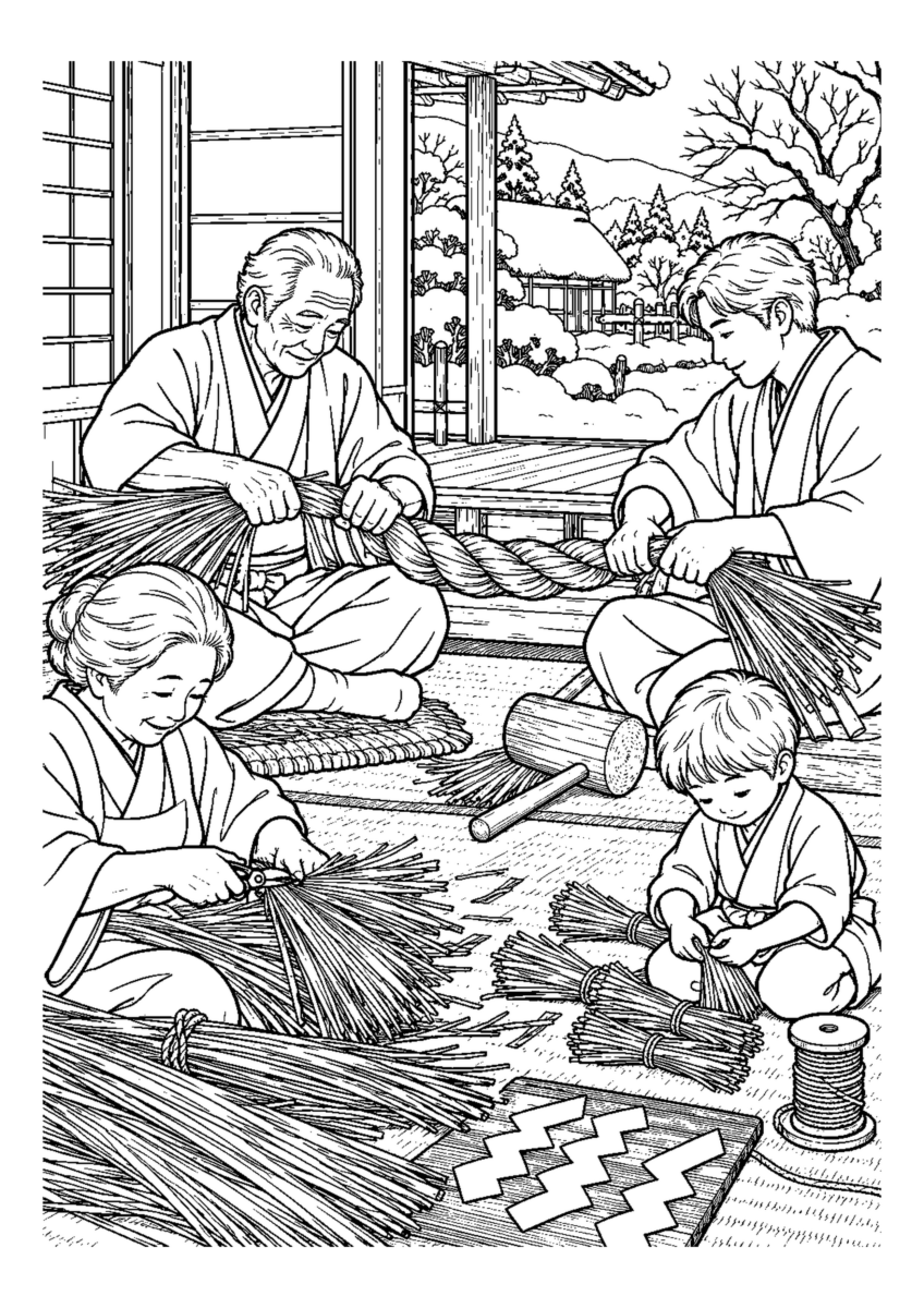 しめ縄用のわらを綯うを大きく描いた高齢者向けの白黒塗り絵