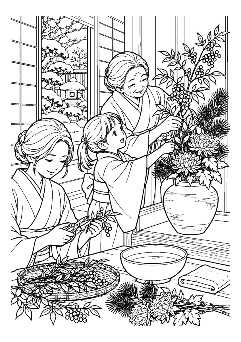 南天を正月花に活けるを大きく描いた高齢者向けの白黒塗り絵