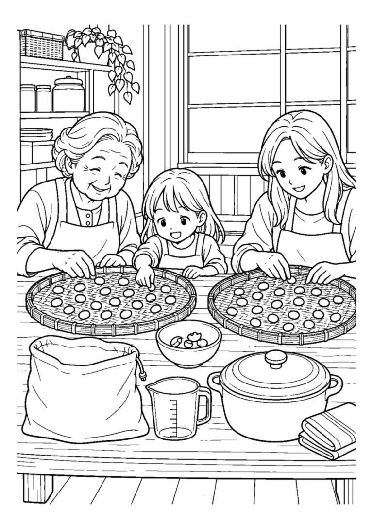 黒豆をざるで選ぶを大きく描いた高齢者向けの白黒塗り絵