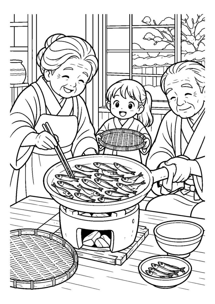 ごまめをほうろくで煎るを大きく描いた高齢者向けの白黒塗り絵