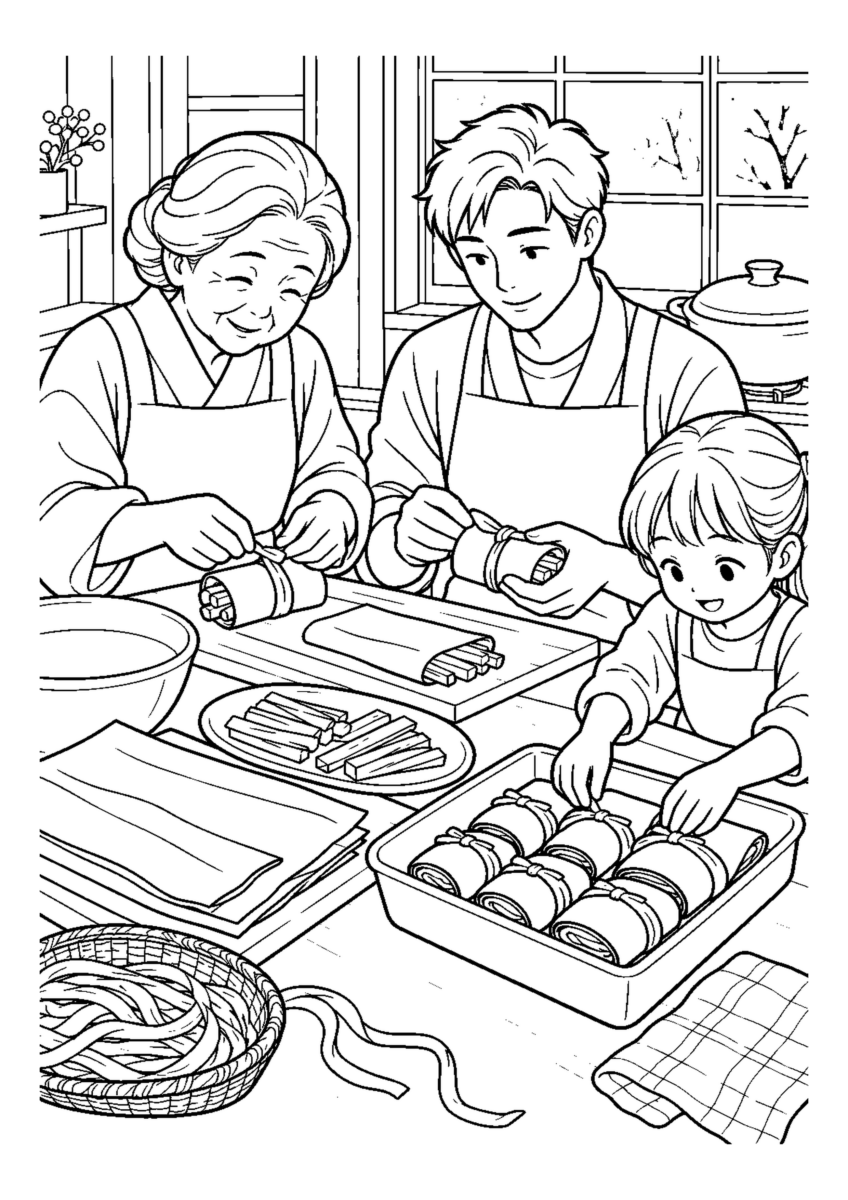 昆布巻きを結ぶを大きく描いた高齢者向けの白黒塗り絵