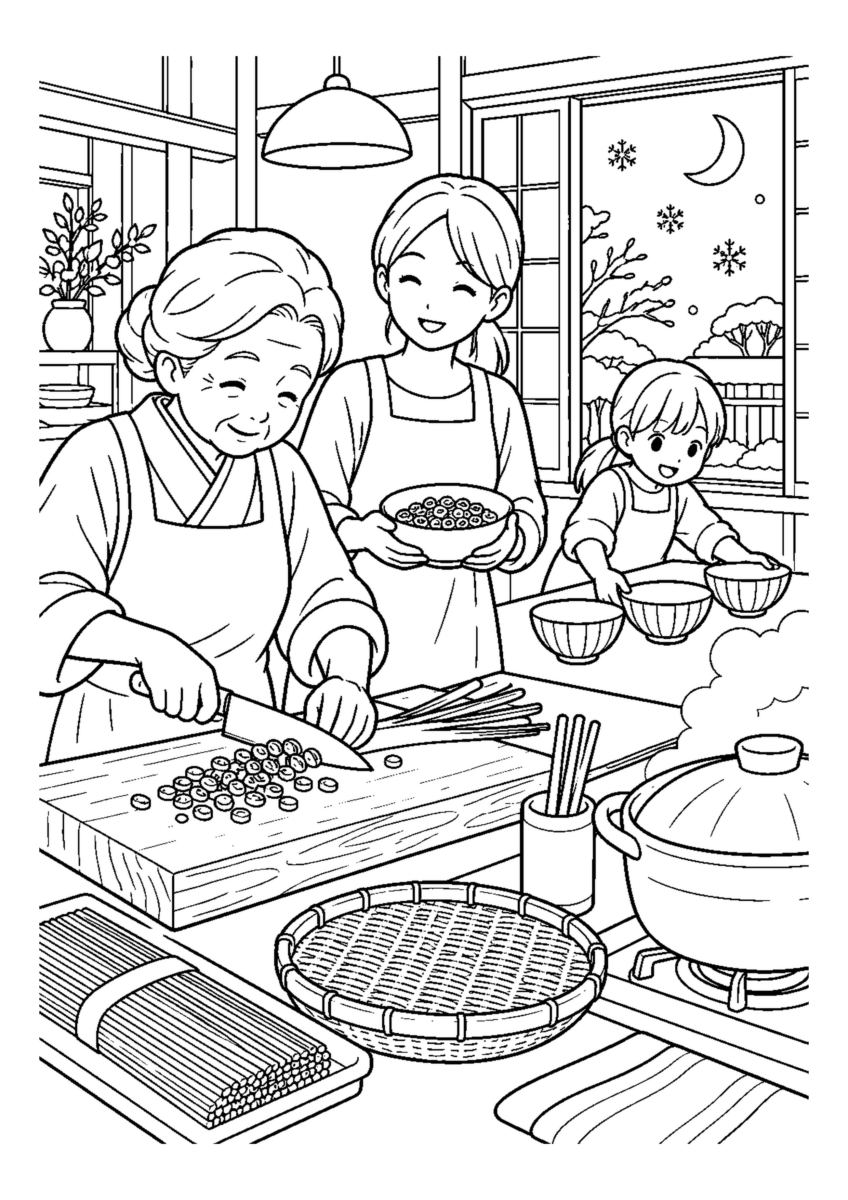年越しそばのねぎを刻むを大きく描いた高齢者向けの白黒塗り絵