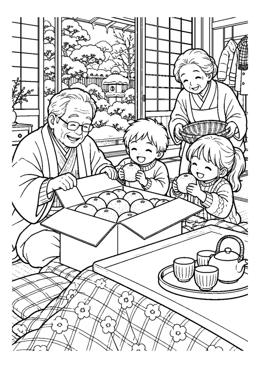 みかん箱を開けるを大きく描いた高齢者向けの白黒塗り絵
