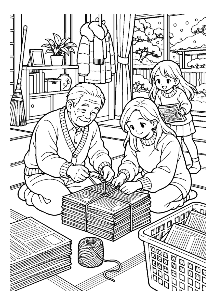古新聞をひもで束ねるを大きく描いた高齢者向けの白黒塗り絵