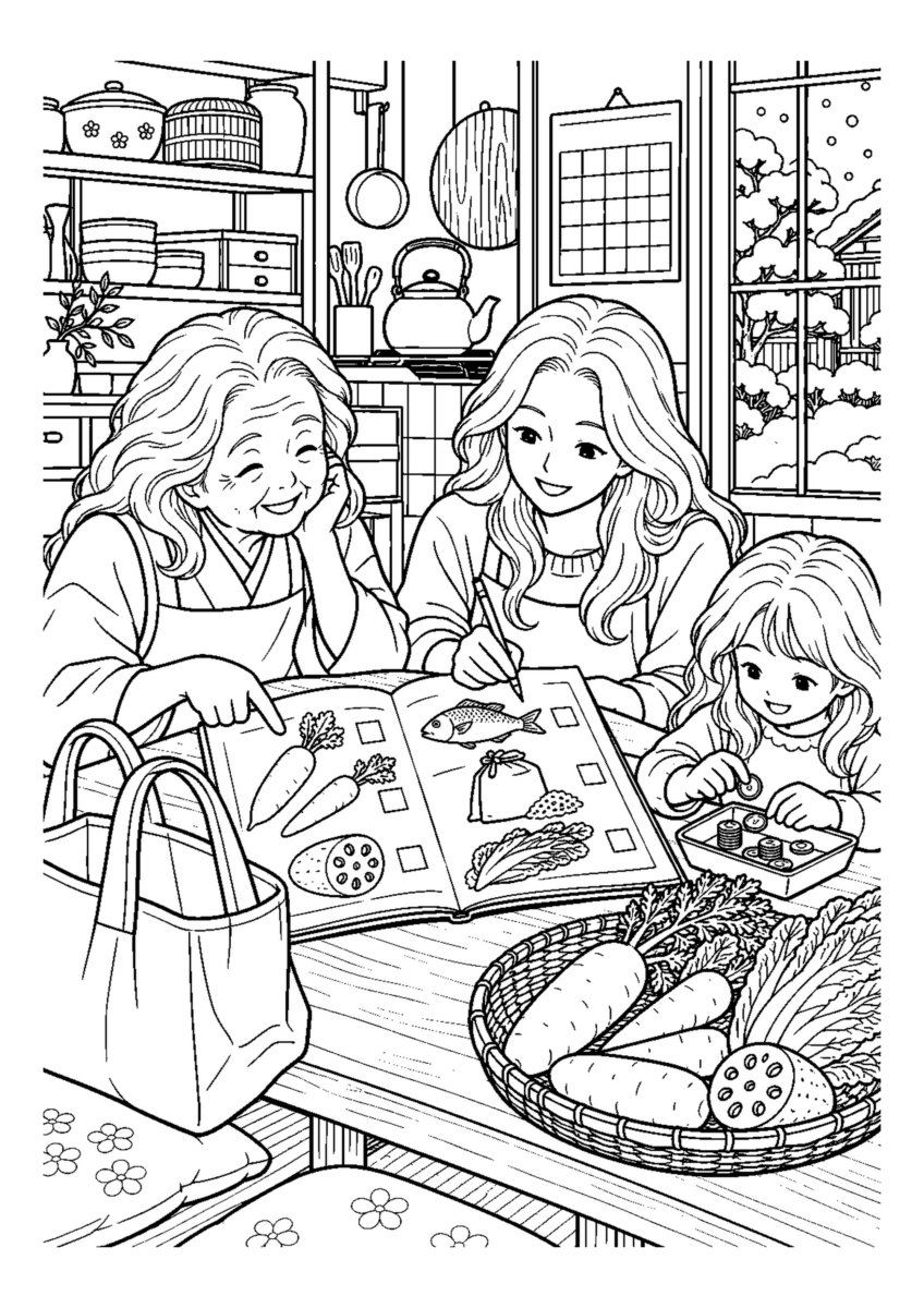 十二月の台所の買い出し帳を大きく描いた高齢者向けの白黒塗り絵