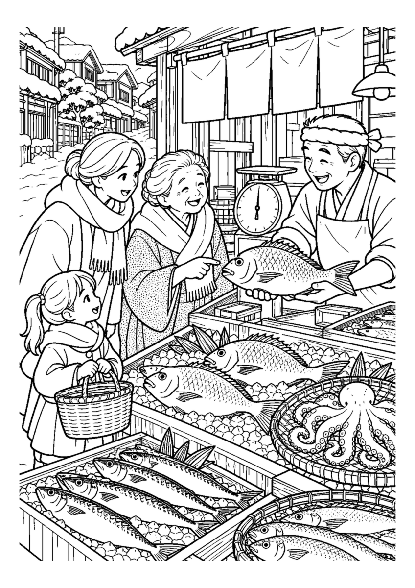 歳末の魚屋で買い物を大きく描いた高齢者向けの白黒塗り絵