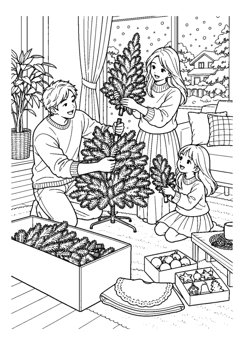 子どもと箱からクリスマスツリーを大きく描いた高齢者向けの白黒塗り絵