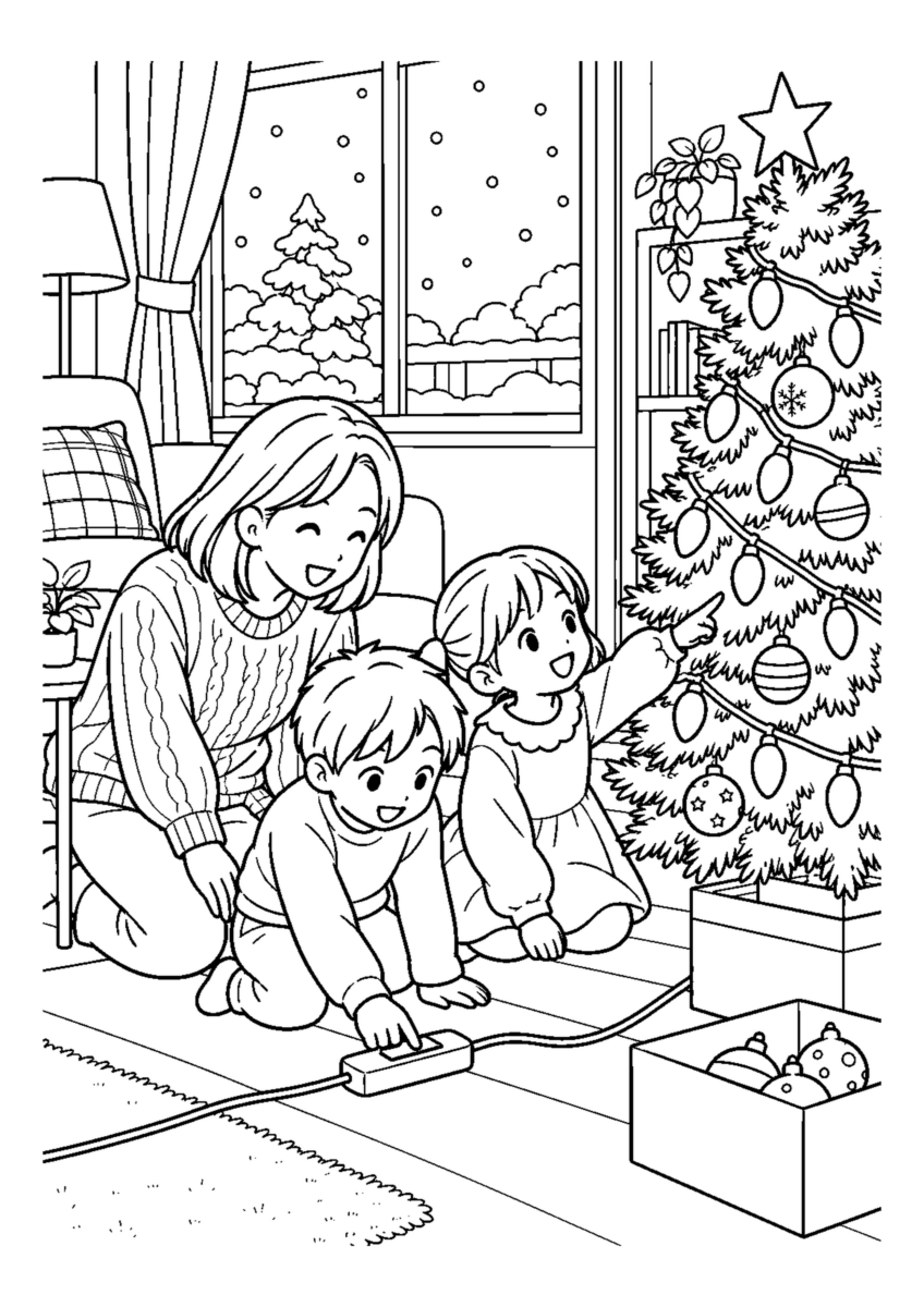 子どもと電飾を点灯を大きく描いた高齢者向けの白黒塗り絵