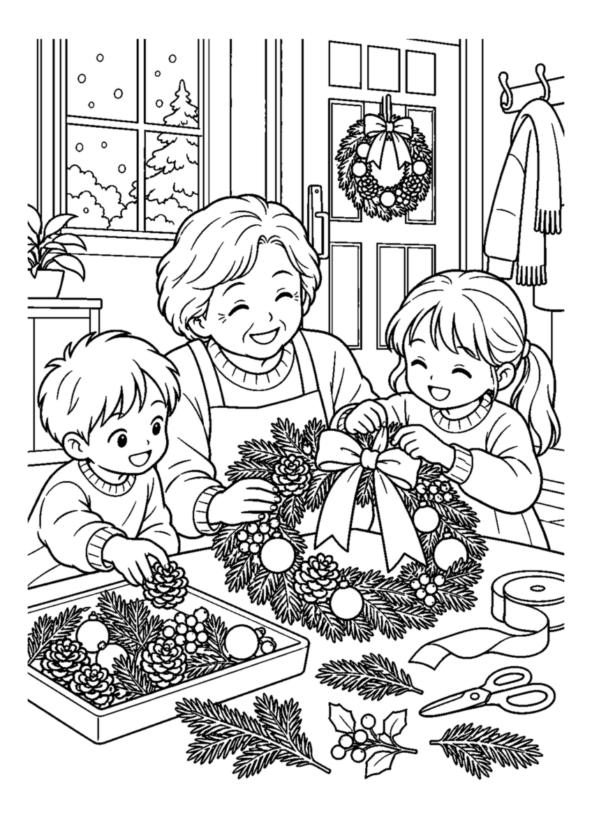 子どもと玄関リース作りを大きく描いた高齢者向けの白黒塗り絵
