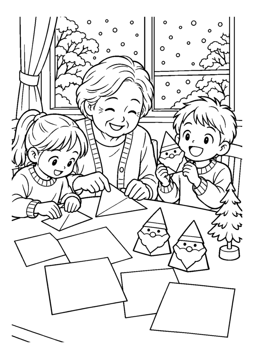 子どもと折り紙サンタを大きく描いた高齢者向けの白黒塗り絵