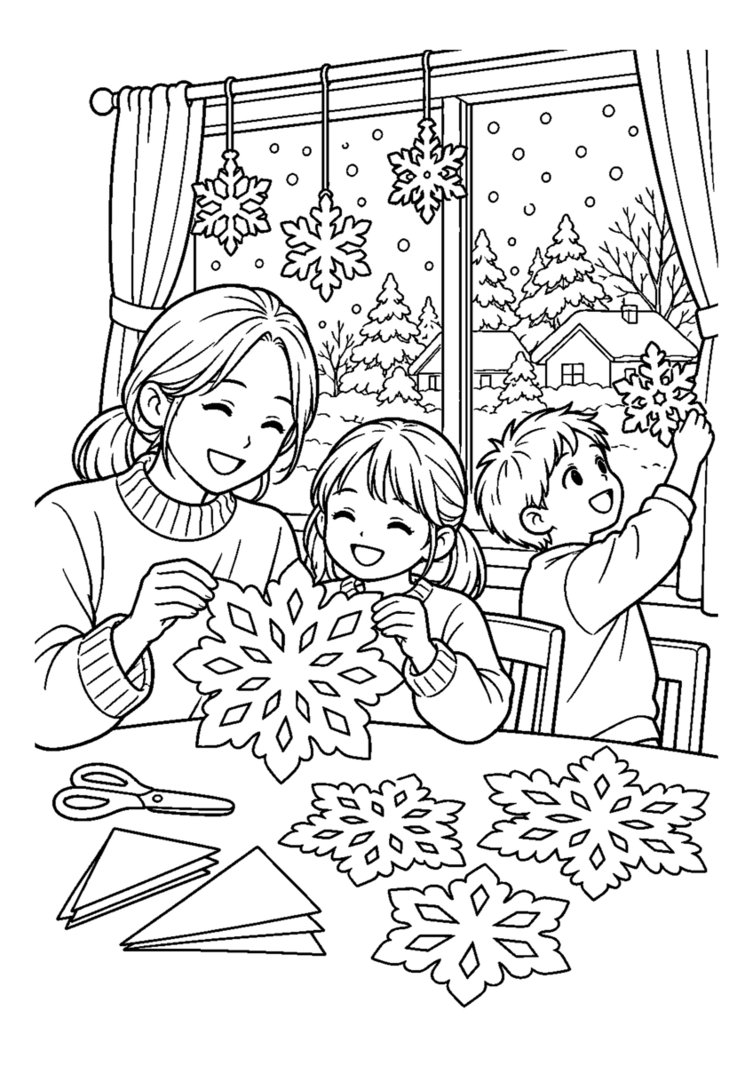 子どもと紙の雪の結晶を大きく描いた高齢者向けの白黒塗り絵