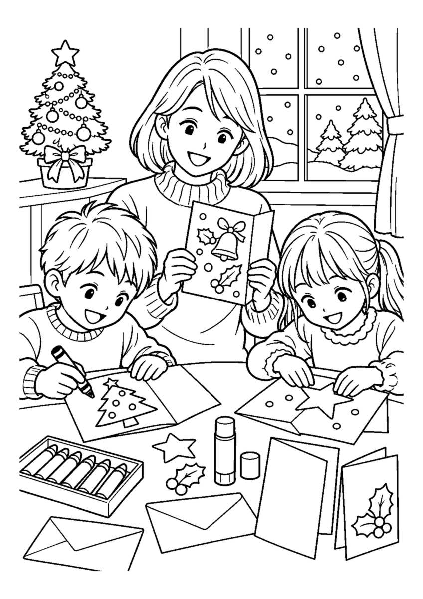 子どもとクリスマスカードを大きく描いた高齢者向けの白黒塗り絵